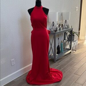 Red Halter Prom Dress with Elegant Train